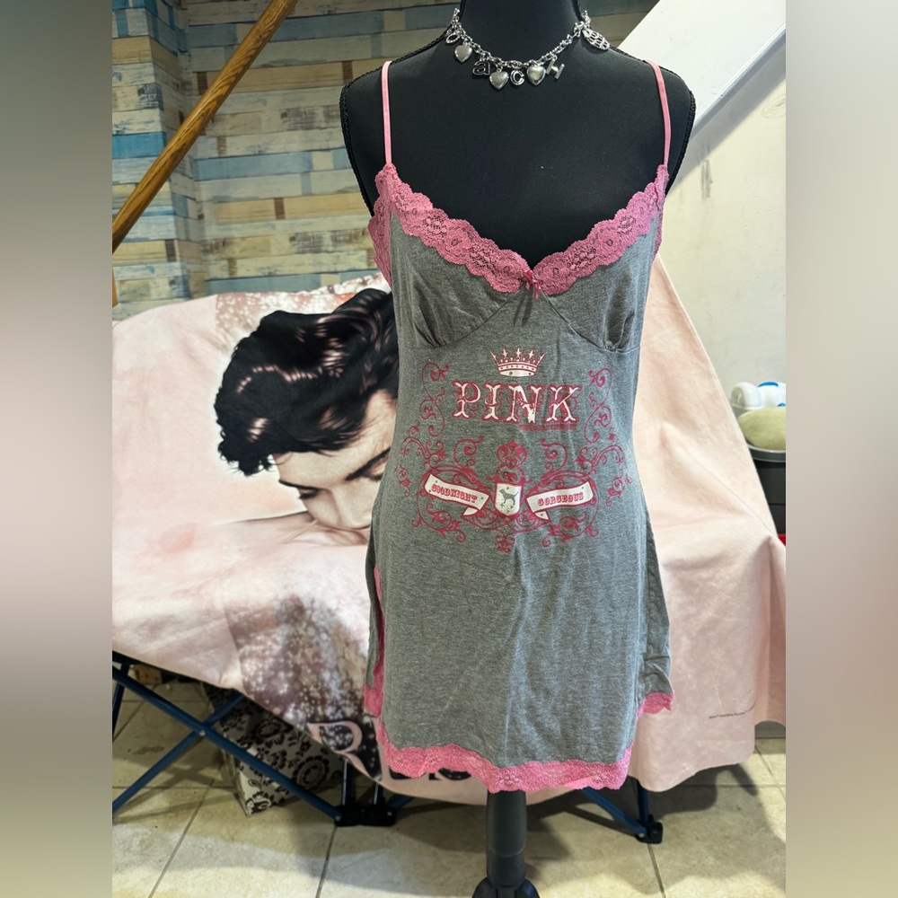 Victoria's Secret Gray and Pink Lace Chemise